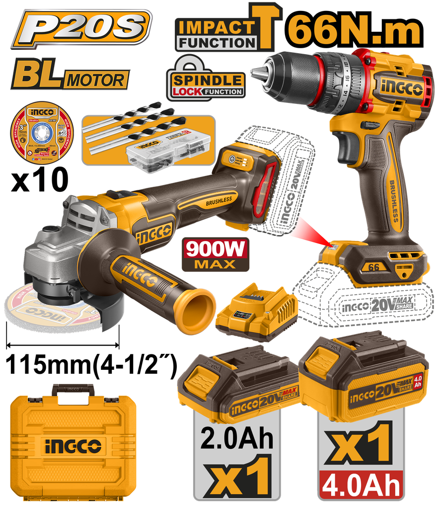 PACK DE HERRAMIENTAS INALÁMBRICAS DE 2 PIEZAS INGCO CKLI20273E