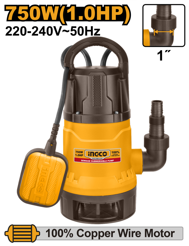 BOMBA SUMERGIBLE AGUAS RESIDUALES 750W INGCO SPD7508