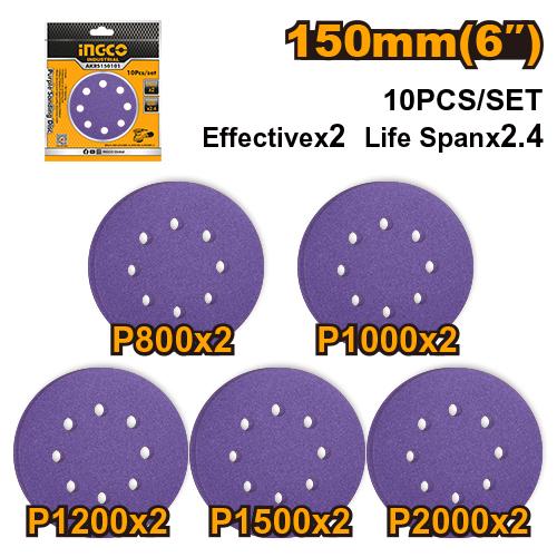 SET 10 DISCOS LIJA ZIRCONIO 150 MM INGCO AKRS150101