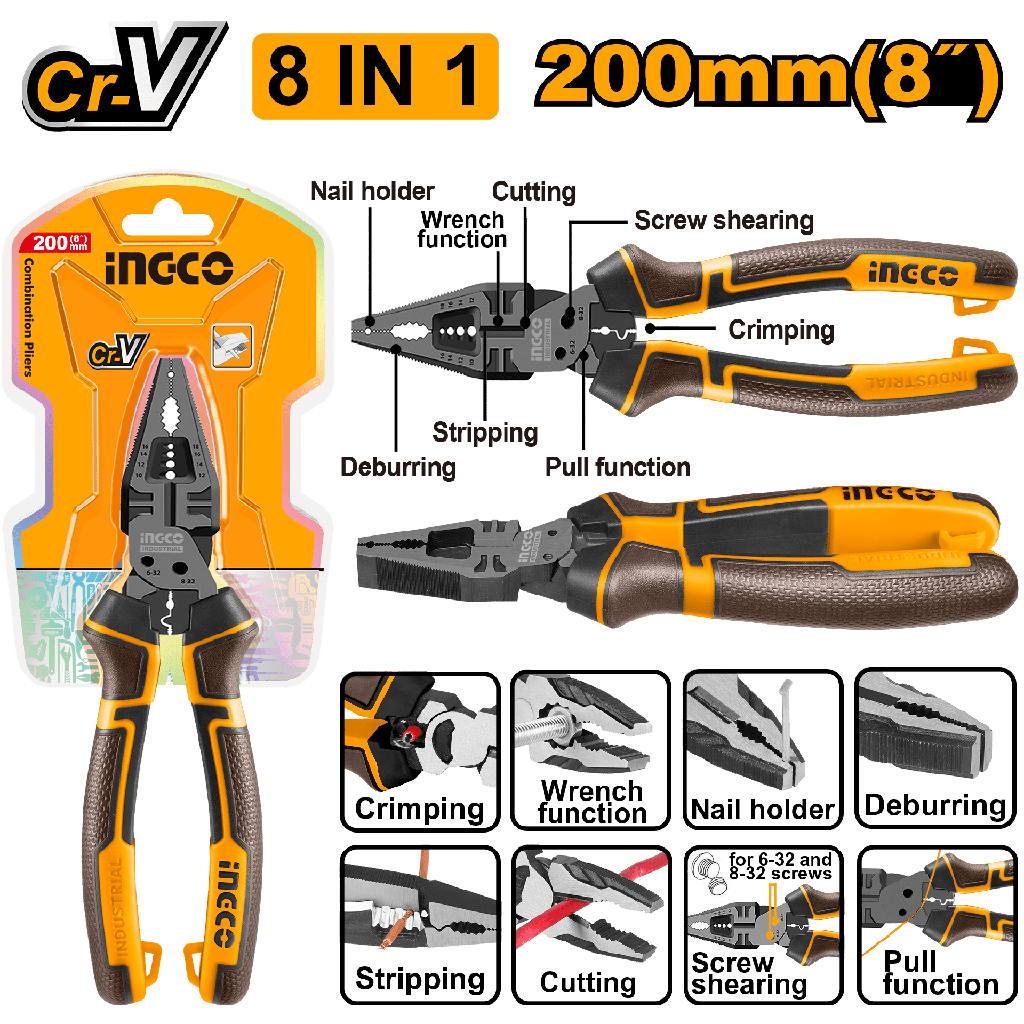 ALICATE PRO 200MM MULTIFUNCIONES 8 EN 1 INGCO HMFCP28200