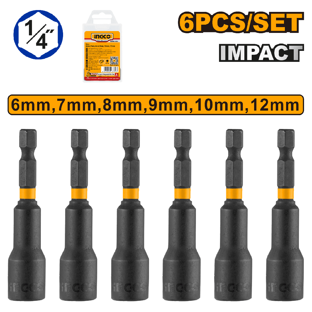 SET 6 PCS VASOS IMPACTO HEXAGONALES 1/4 " INGCO  AMN65061