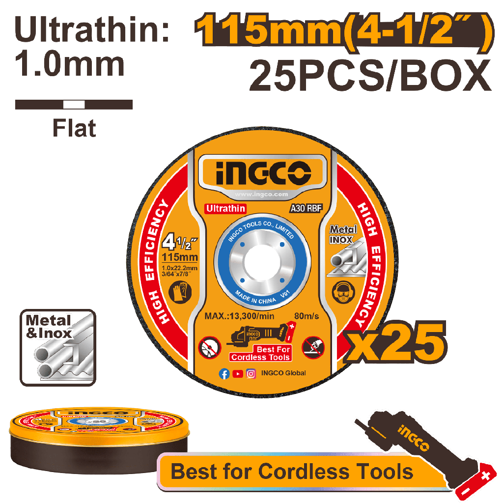 DISCO CORTE METAL- INOX 115 MM (25pcs) INGCO MCD11011525