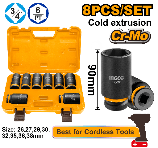 [HKISSD34082L] [2001] SET 8 PCS  VASOS IMPACTO LARGO 3/4  INGCO  HKISSD34082L