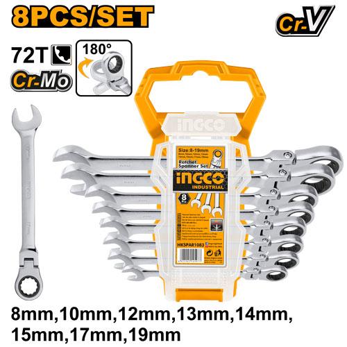 [HKSPAR1083] [0624] SET 8 PCS  LLAVES COMBINADAS - CARRACA ARTICULADA  INGCO HKSPAR1083
